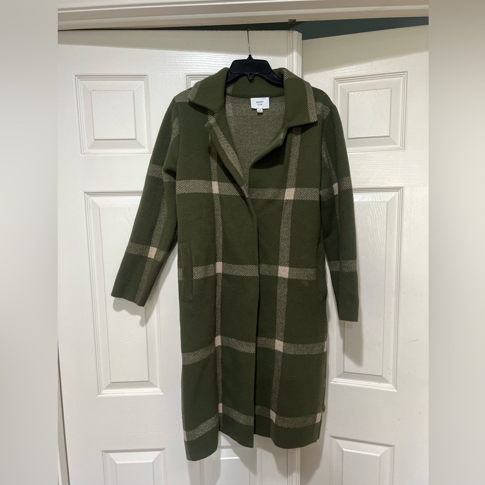 Green Plaid Longline Winter Fall Coat Jacket Classic Holiday women Sz S grunge